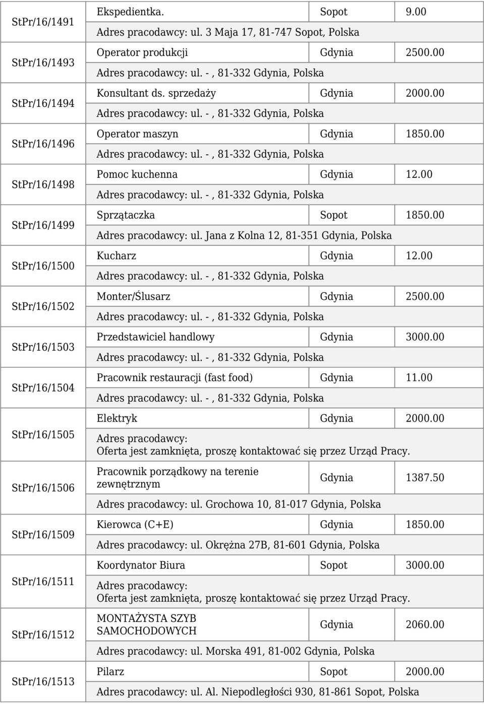 00 ul. -, 81-332 Gdynia, Polska Pomoc kuchenna Gdynia 12.00 ul. -, 81-332 Gdynia, Polska Sprzątaczka Sopot 1850.00 ul. Jana z Kolna 12, 81-351 Gdynia, Polska Kucharz Gdynia 12.00 ul. -, 81-332 Gdynia, Polska Monter/Ślusarz Gdynia 2500.