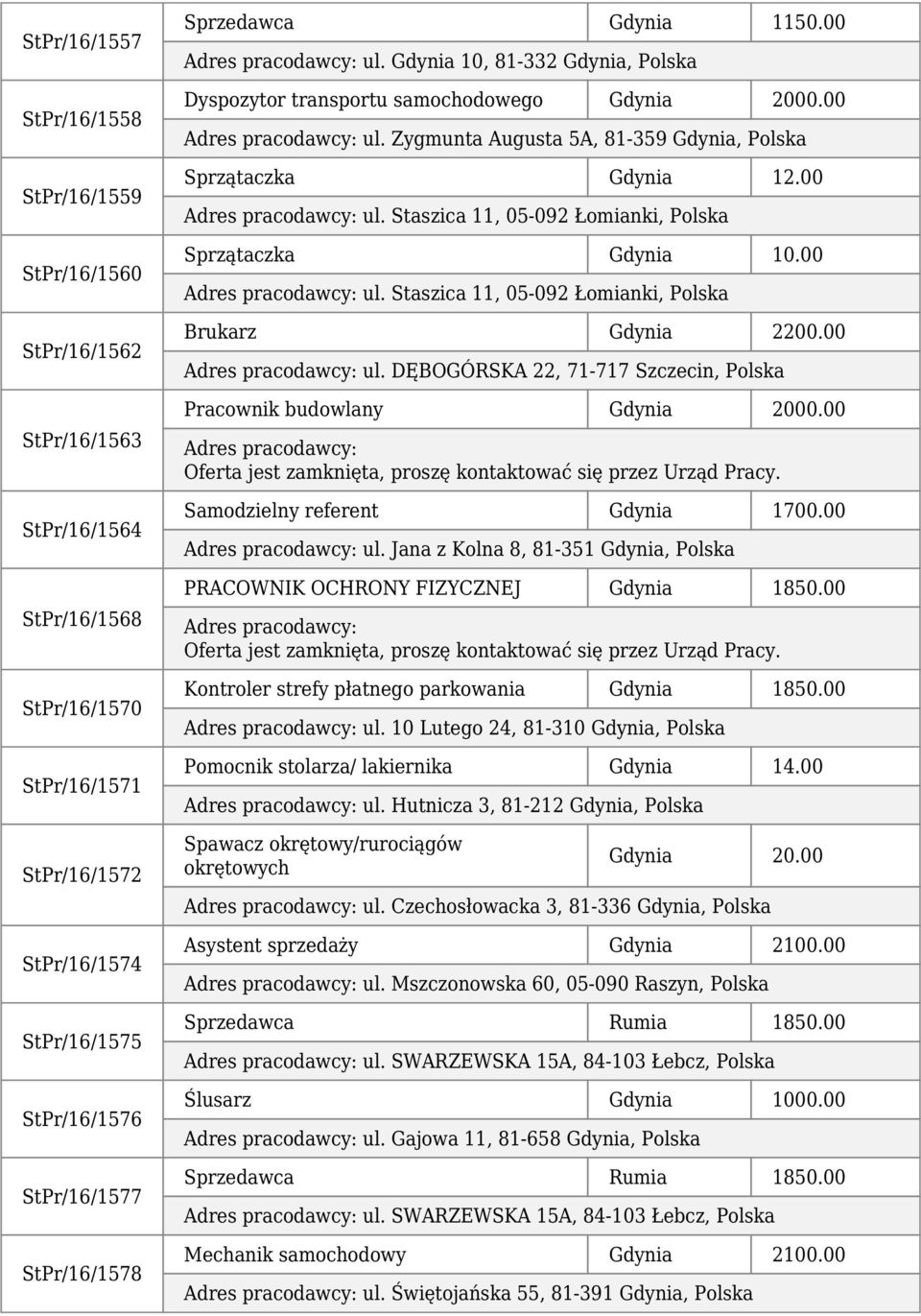 00 ul. Staszica 11, 05-092 Łomianki, Polska Sprzątaczka Gdynia 10.00 ul. Staszica 11, 05-092 Łomianki, Polska Brukarz Gdynia 2200.00 ul. DĘBOGÓRSKA 22, 71-717 Szczecin, Polska Pracownik budowlany Gdynia 2000.