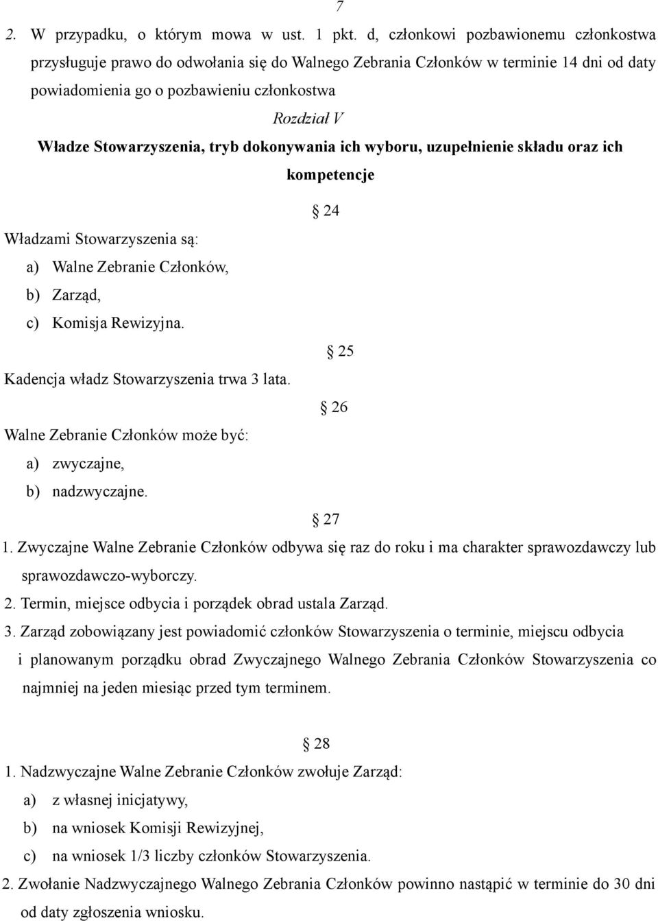 Stowarzyszenia, tryb dokonywania ich wyboru, uzupełnienie składu oraz ich kompetencje 24 Władzami Stowarzyszenia są: a) Walne Zebranie Członków, b) Zarząd, c) Komisja Rewizyjna.