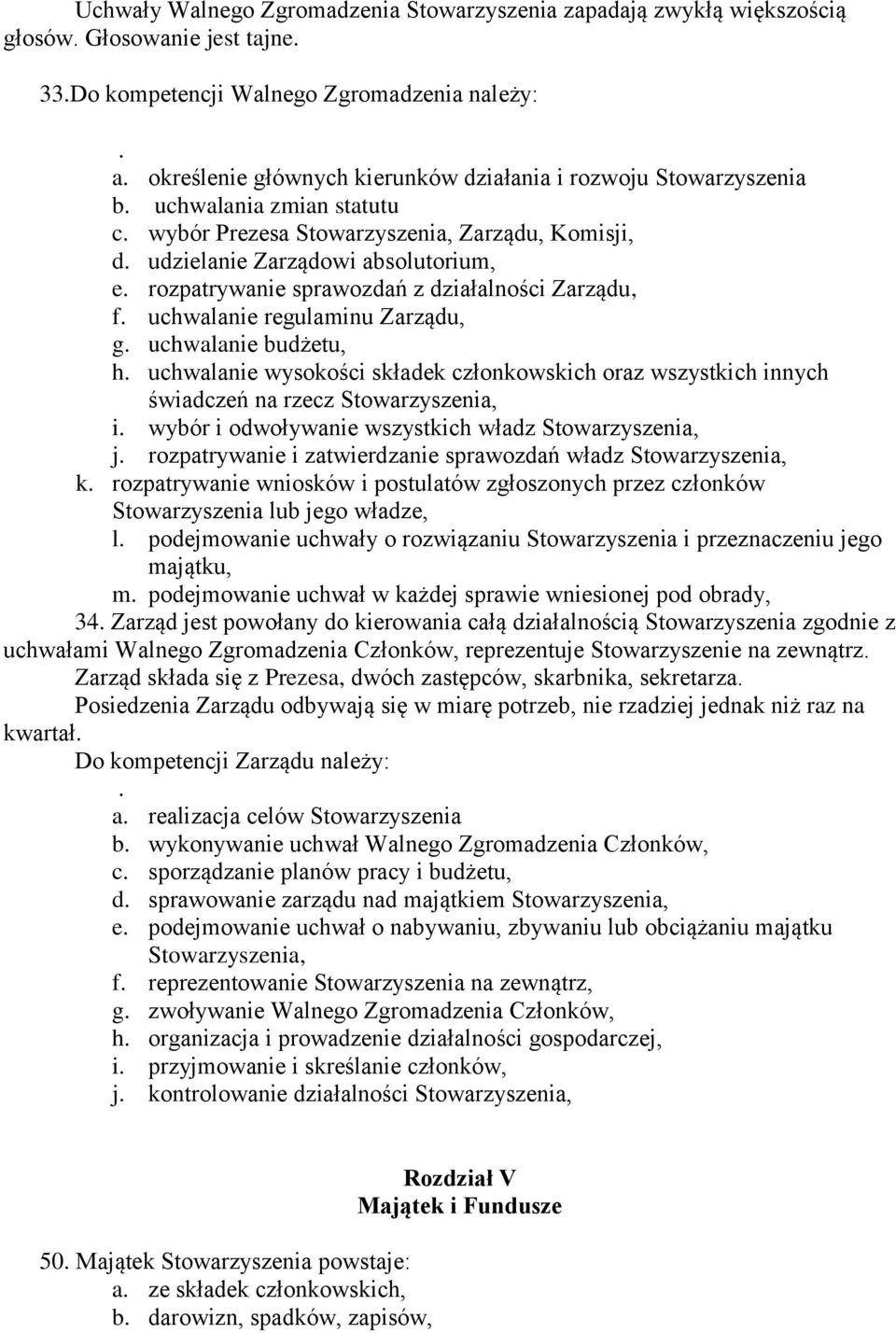 rozpatrywanie sprawozdań z działalności Zarządu, f. uchwalanie regulaminu Zarządu, g. uchwalanie budżetu, h. uchwalanie wysokości składek członkowskich oraz wszystkich innych świadczeń na rzecz i.