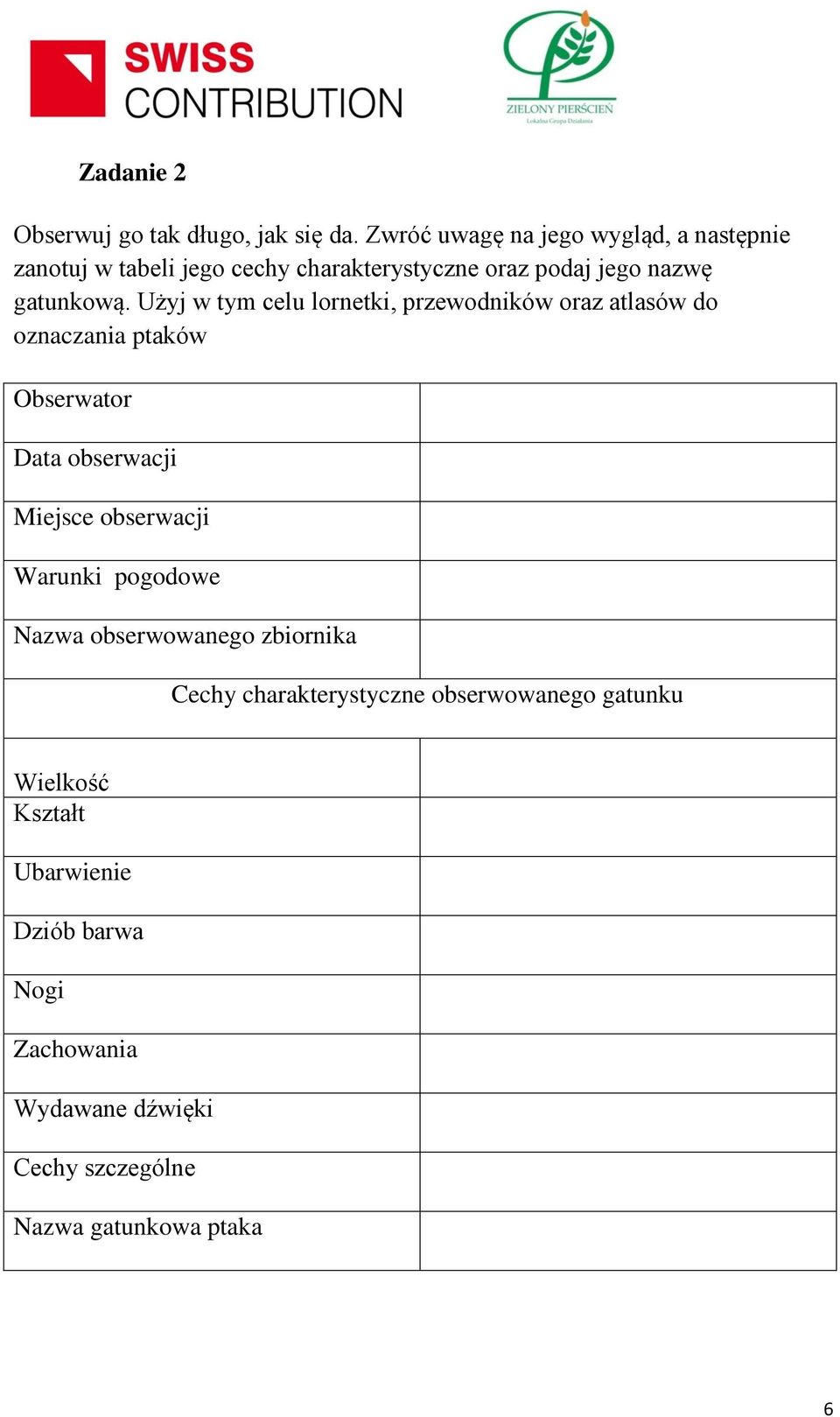 Użyj w tym celu lornetki, przewodników oraz atlasów do oznaczania ptaków Obserwator Data obserwacji Miejsce obserwacji