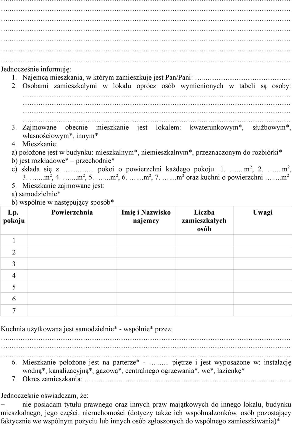 Mieszkanie: a) położone jest w budynku: mieszkalnym*, niemieszkalnym*, przeznaczonym do rozbiórki* b) jest rozkładowe* przechodnie* c) składa się z... pokoi o powierzchni każdego pokoju: 1....m 2, 2.