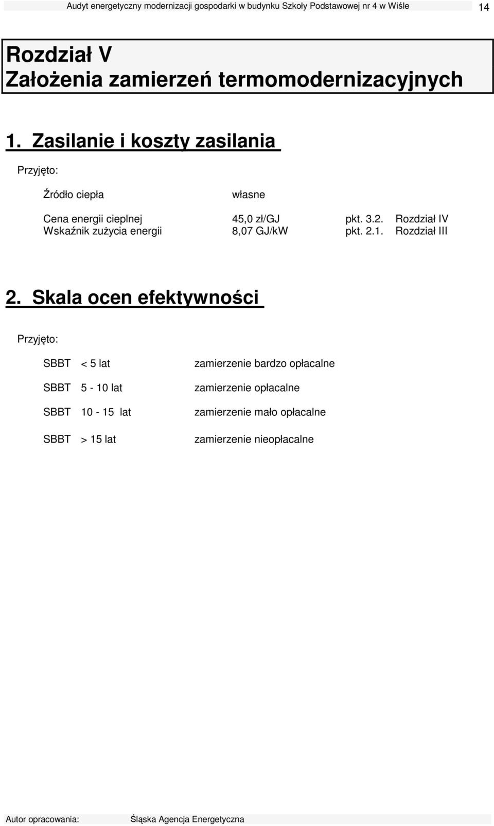 Rozdział IV Wskaźnik zuŝycia energii 8,07 GJ/kW pkt. 2.1. Rozdział III 2.