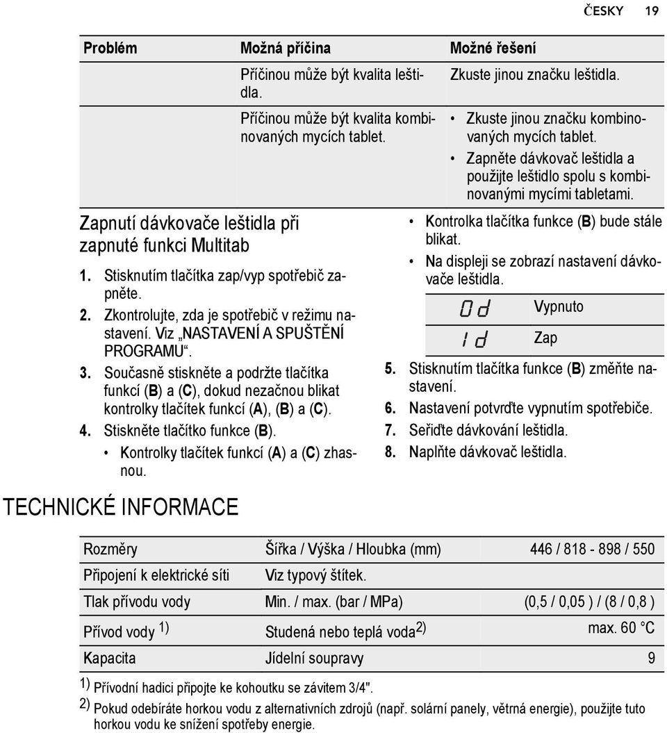 Zkontrolujte, zda je spotřebič v režimu nastavení. Viz NASTAVENÍ A SPUŠTĚNÍ PROGRAMU. 3.