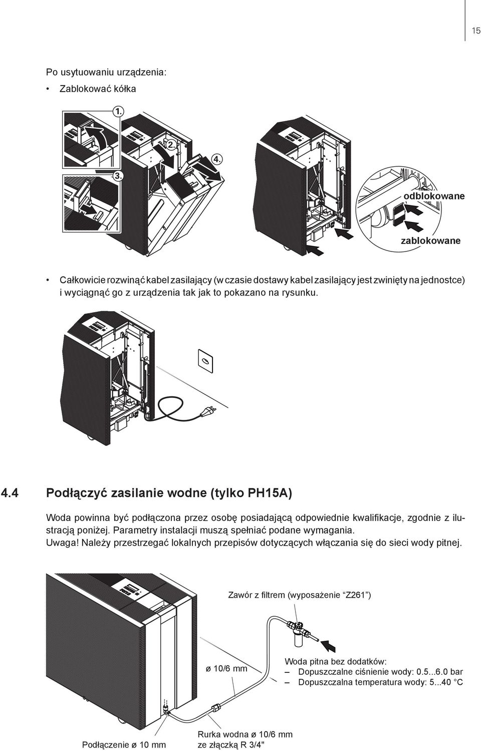 4 Podłączyć zasilanie wodne (tylko PH15A) Woda powinna być podłączona przez osobę posiadającą odpowiednie kwalifikacje, zgodnie z ilustracją poniżej.