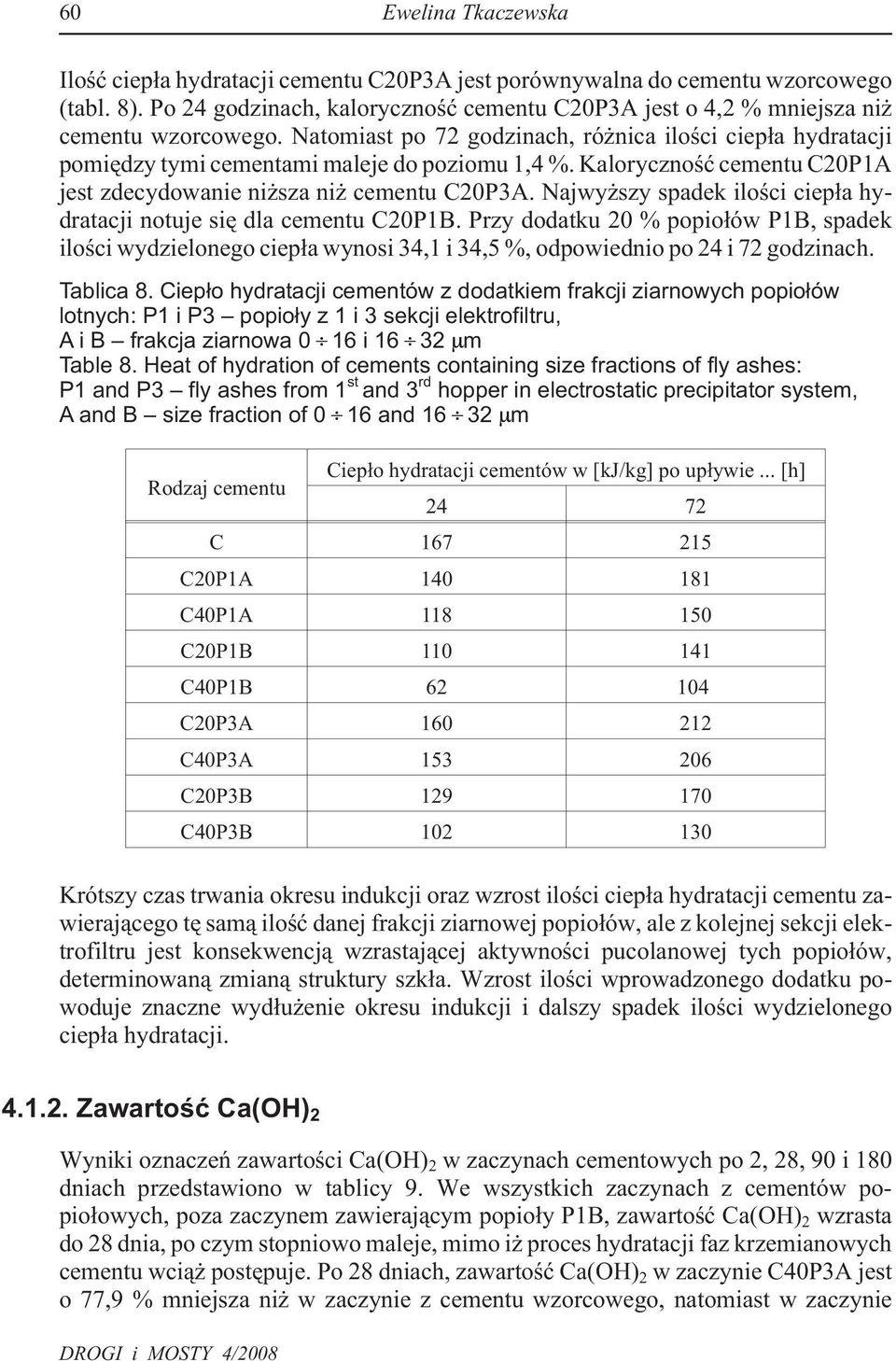 Kalorycznoœæ cementu C20P1A jest zdecydowanie ni sza ni cementu C20P3A. Najwy szy spadek iloœci ciep³a hydratacji notuje siê dla cementu C20P1B.