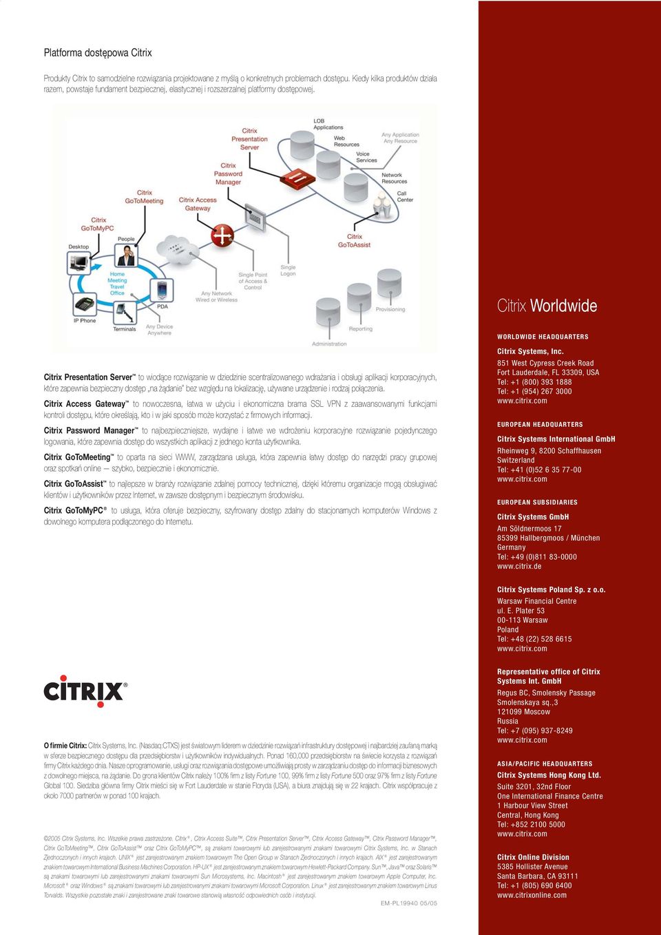 Citrix Worldwide WORLDWIDE HEADQUARTERS Citrix Presentation Server to wiodące rozwiązanie w dziedzinie scentralizowanego wdrażania i obsługi aplikacji korporacyjnych, które zapewnia bezpieczny dostęp