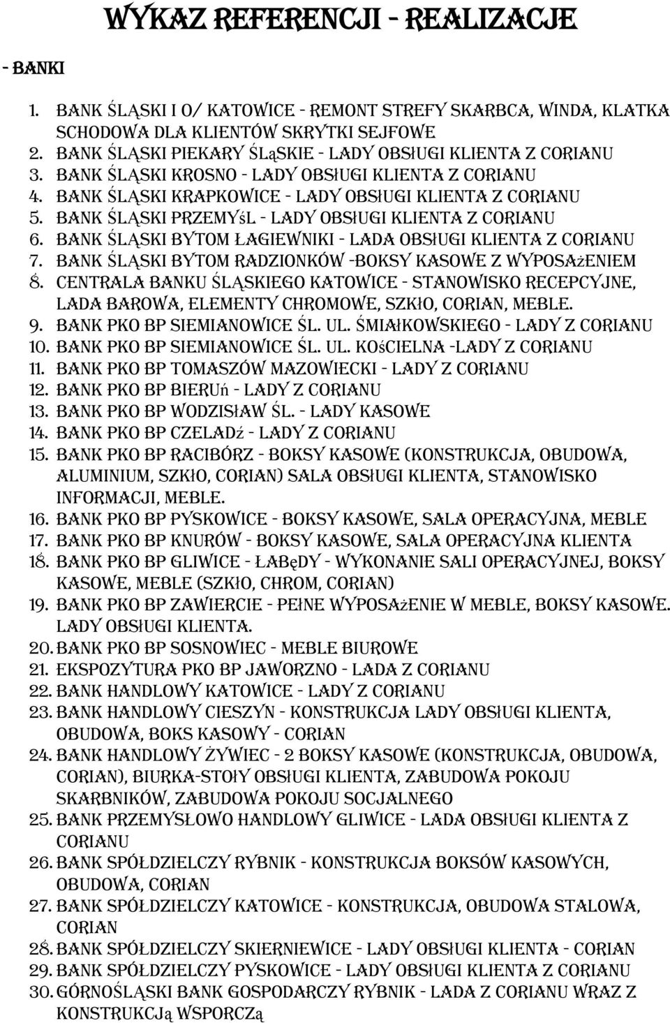 BANK ŚLĄSKI Przemyśl - lady obsługi klienta z 6. BANK ŚLĄSKI Bytom Łagiewniki - lada obsługi klienta z 7. BANK ŚLĄSKI Bytom Radzionków -boksy kasowe z wyposażeniem 8.