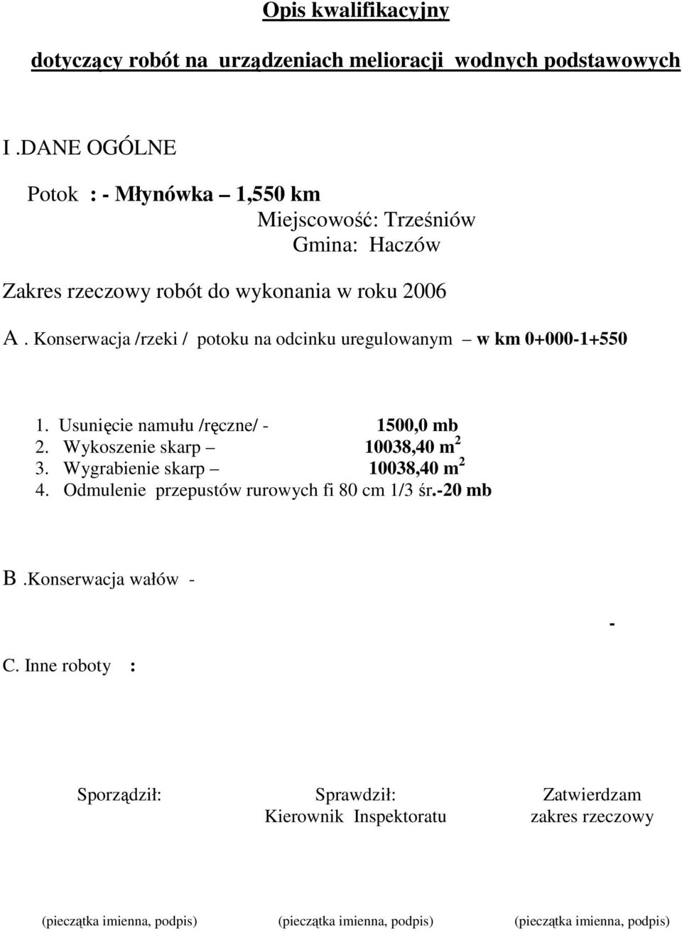 Konserwacja /rzeki / potoku na odcinku uregulowanym w km 0+000-1+550 1. Usunięcie namułu /ręczne/ - 1500,0 mb 2. Wykoszenie skarp 10038,40 m 2 3.