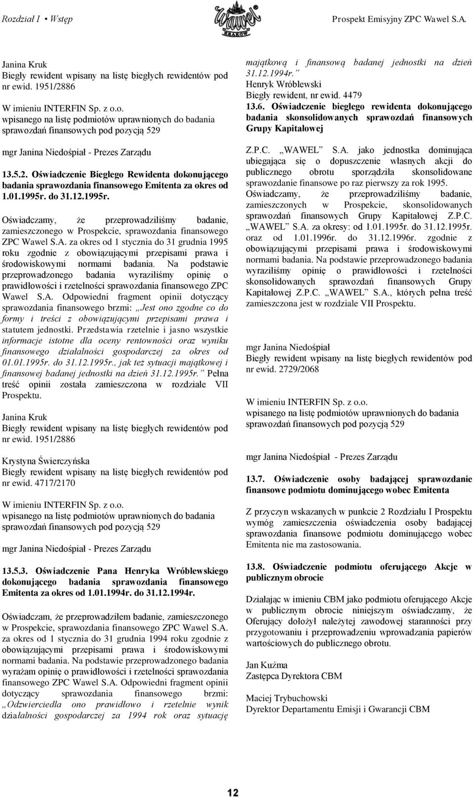 do 31.12.1995r. Oświadczamy, że przeprowadziliśmy badanie, zamieszczonego w Prospekcie, sprawozdania finansowego ZPC Wawel S.A.