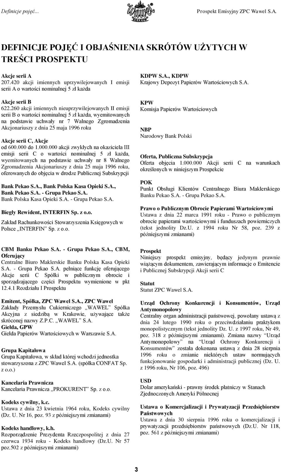 260 akcji imiennych nieuprzywilejowanych II emisji serii B o wartości nominalnej 5 zł każda, wyemitowanych na podstawie uchwały nr 7 Walnego Zgromadzenia Akcjonariuszy z dnia 25 maja 1996 roku Akcje