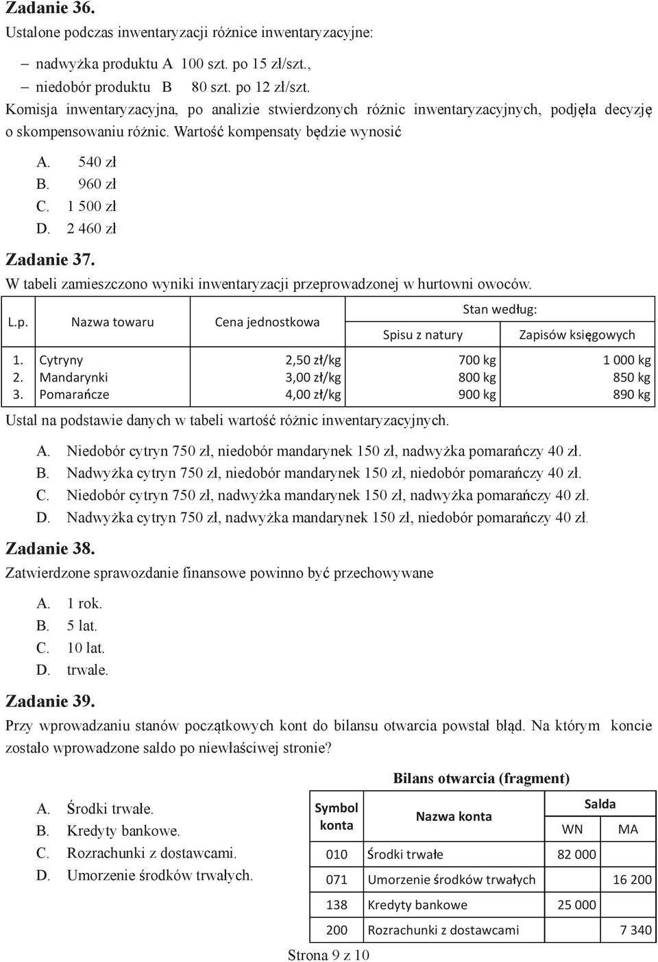 W tabeli zamieszczono wyniki inwentaryzacji przeprowadzonej w hurtowni owoców. L.p. Nazwa towaru Cena jednostkowa Spisu z natury Stan wed ug: Zapisów ksi gowych 1. 2. 3.