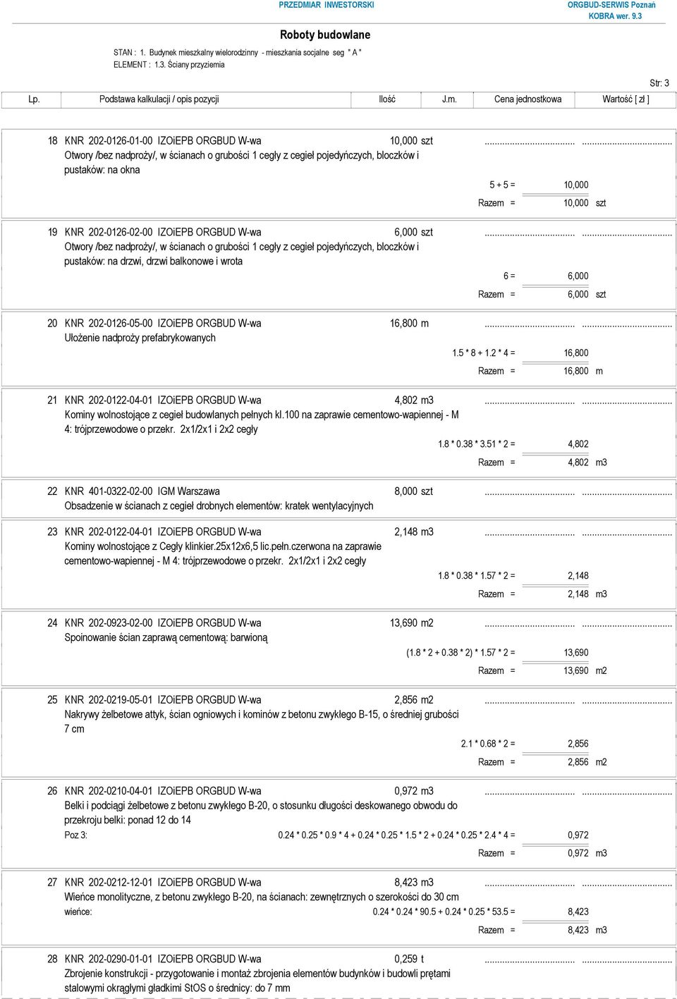 ..... Otwory /bez nadproŝy/, w ścianach o grubości 1 cegły z cegieł pojedyńczych, bloczków i pustaków: na drzwi, drzwi balkonowe i wrota 6 = 6,000 Razem = 6,000 szt 20 KNR 202-0126-05-00 IZOiEPB