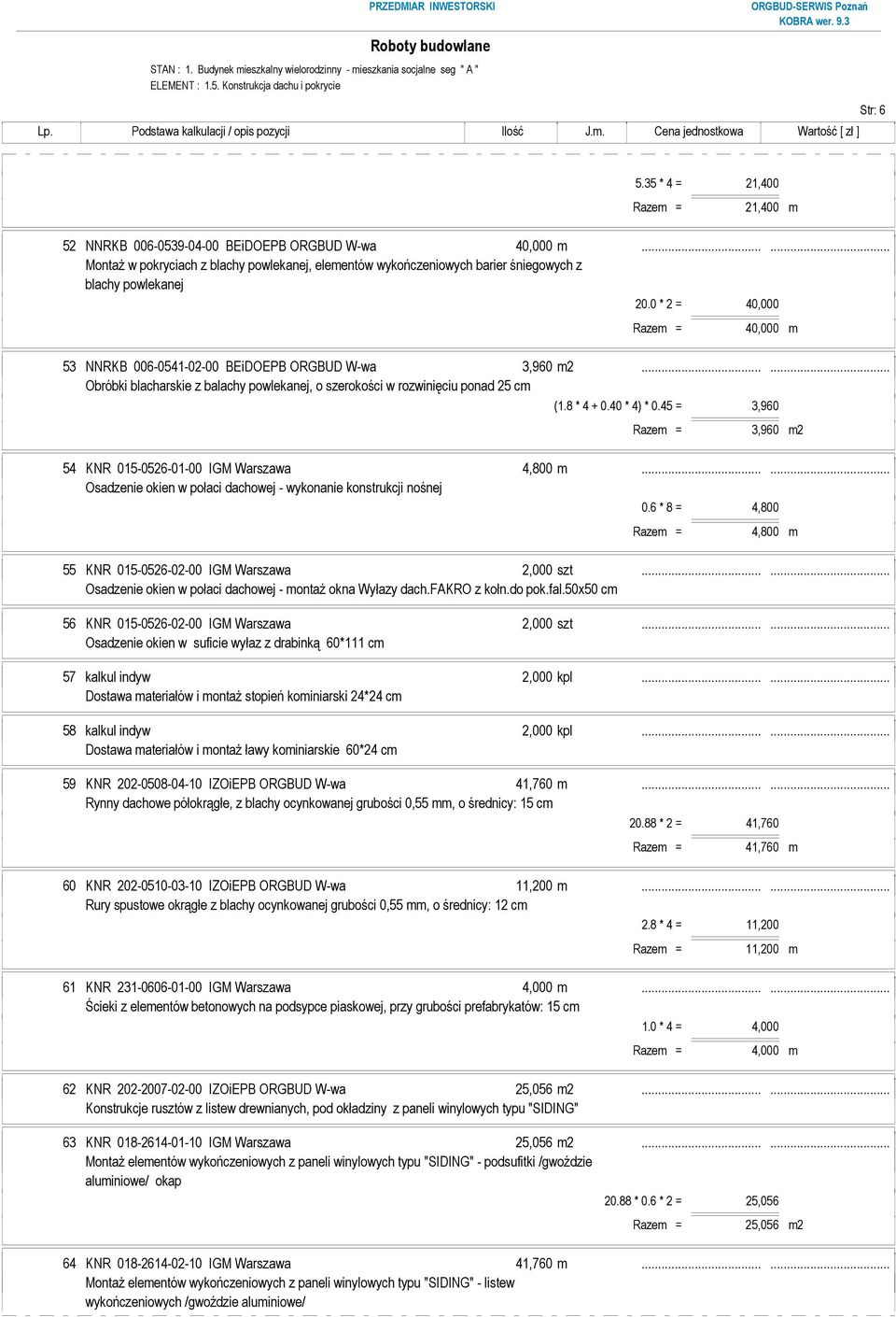 ..... Obróbki blacharskie z balachy powlekanej, o szerokości w rozwinięciu ponad 25 cm (1.8 * 4 + 0.40 * 4) * 0.45 = 3,960 Razem = 3,960 m2 54 KNR 015-0526-01-00 IGM Warszawa 4,800 m.