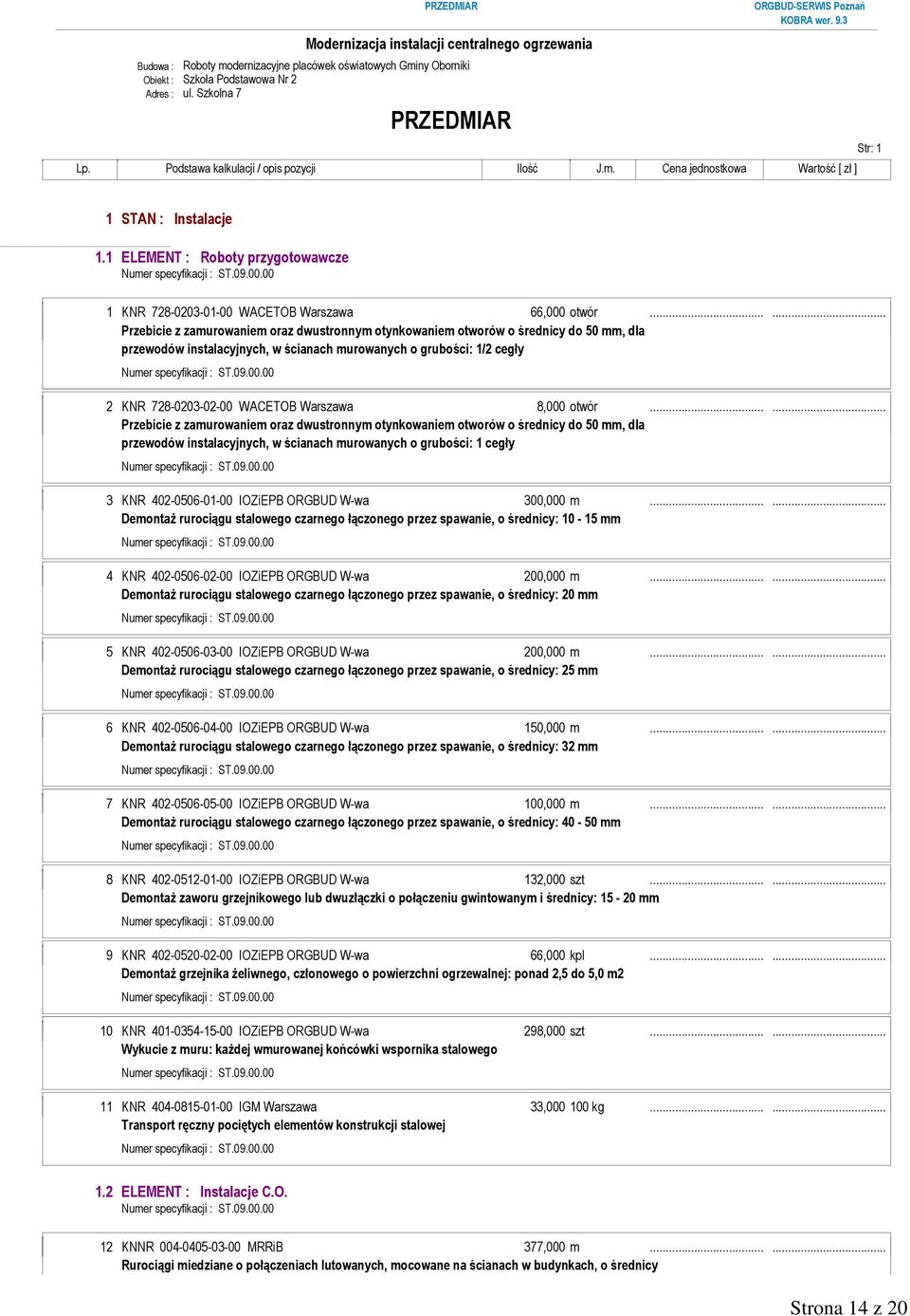 ..... Przebicie z zamurowaniem oraz dwustronnym otynkowaniem otworów o średnicy do 50 mm, dla przewodów instalacyjnych, w ścianach murowanych o grubości: 1/2 cegły 2 KNR 728-0203-02-00 WACETOB