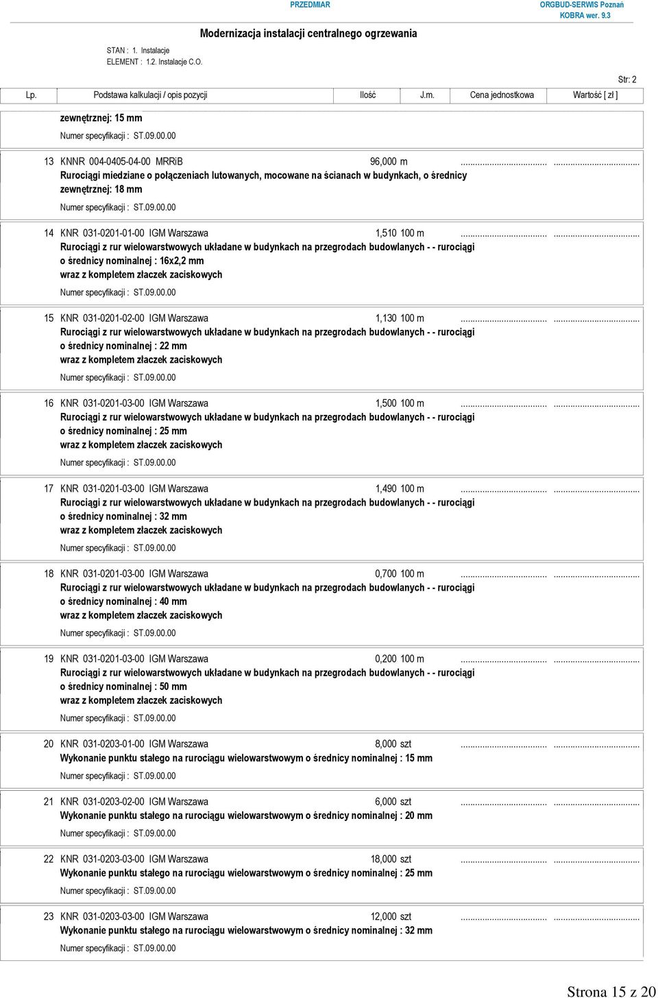 ..... Rurociągi miedziane o połączeniach lutowanych, mocowane na ścianach w budynkach, o średnicy zewnętrznej: 18 mm 14 KNR 031-0201-01-00 IGM Warszawa 1,510 100 m.