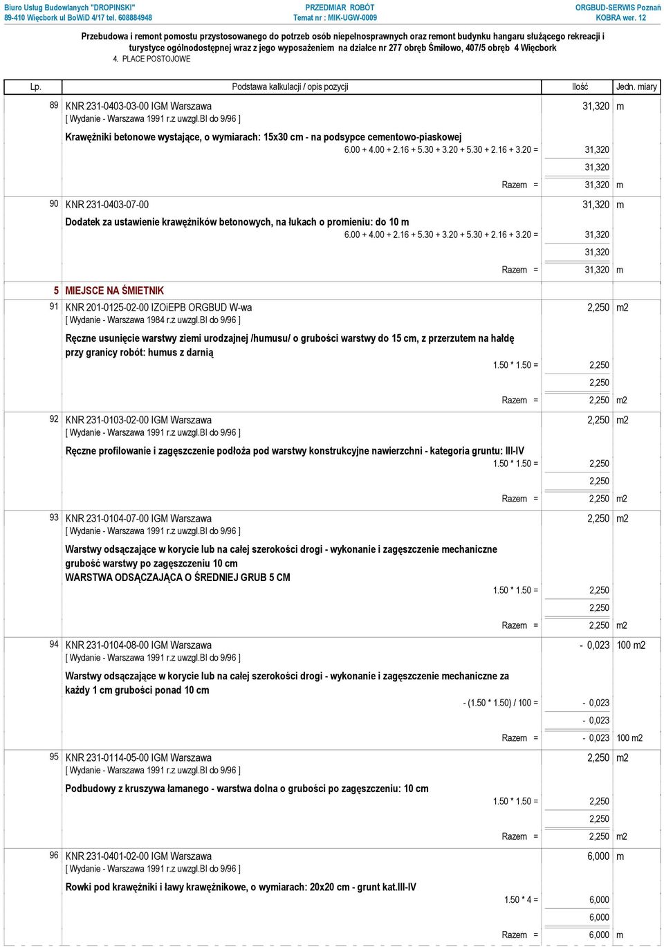 16 + 3.20 = 31,320 5 MIEJSCE NA ŚMIETNIK 31,320 Razem = 31,320 m 91 KNR 201-0125-02-00 IZOiEPB ORGBUD W-wa 2,250 m2 [ Wydanie - Warszawa 1984 r.z uwzgl.