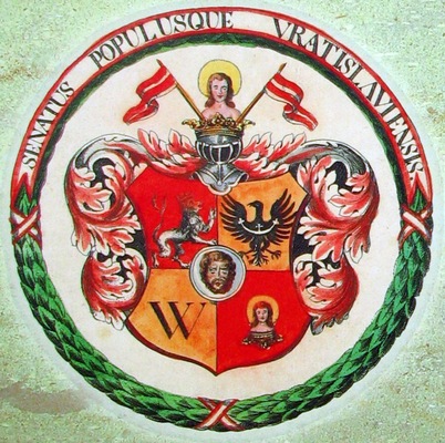 Herb Wrocławia Dzieje herbu wrocławskiego nie są tak długie jak samego miasta, poniewaŝ zaczynają się dopiero w XVI w. Do tego czasu Wrocław nie posiadał prawa do własnego godła. Dopiero 12.II.