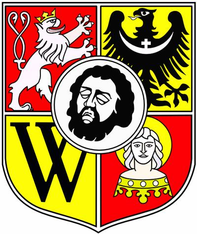 Herb Wrocławia z lat PRL-u, 1948-1990. 19.VI.1990 Rada Miejska przywróciła tradycyjny herb pięciopolowy, który obowiązuje do dziś. Aktualny herb Wrocławia przyjęty w 1990 roku.