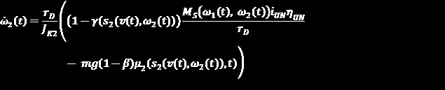 Równania 2 i 3 opisują przyspieszenia kątowe odpowiednio przedniego i tylnego koła. Pierwszy człon w obu równaniach opisuje moment napędowy na kole, przy czym γ jest współczynnikiem rozdziału momentu.
