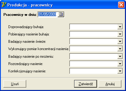 W polu Pracownicy w dniu należy wpisać dzień, dla którego będą przypisywane funkcje pracownikom. Następnie dla poszczególnych funkcji, należy wybrać pracowników z poszczególnych list.