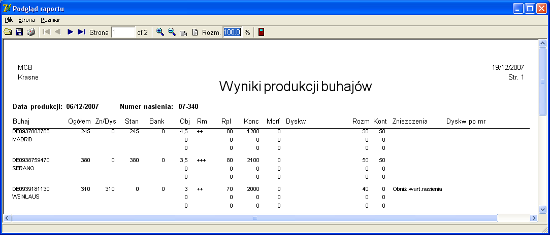 Powyższy wydruk powstał dla wybranego wcześniej na liście buhaja podane są wyniki dla wszystkich lub wybranych dni produkcji tego buhaja.