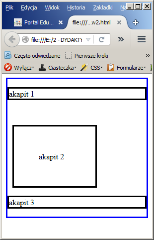 Box model (2) Różne formatowanie dla marginesów i obramowania z poszczególnych stron: podanie od 2 do 4 wartości w kolejności: top, right, bottom, left gdy podane są 2 lub 3 wartości brakująca