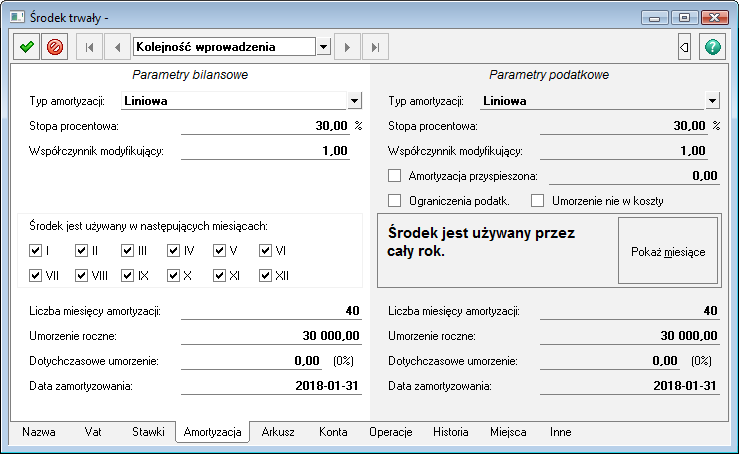 Rys. 84 Panel Amortyzacja dla dwóch rodzajów amortyzacji. W części Parametry podatkowe panelu znajduje się pole wyboru Amortyzacja przyspieszona.