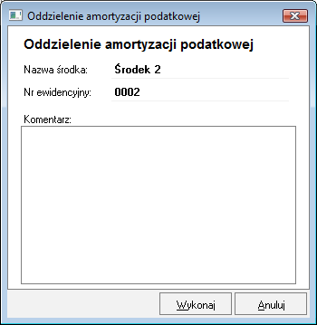 Rys. 101 Dialog Oddzielenie amortyzacji podatkowej. Nazwa środka i Nr ewidencyjny W tych polach widoczne są informacje identyfikujące środek trwały.