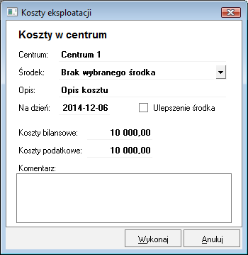 Rys. 106 Dialog Zmodyfikuj udziały środka w podanych centrach. W polach z liczbami należy dokonać edycji określając udział procentowy środka trwałego w poszczególnych centrach.