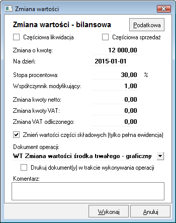 W celu udokumentowania operacji zmiany wartości środka trwałego należy w oknie Środki trwałe wybrać przycisk.