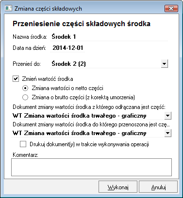 Rys. 124 Dialog Zmiana części składowych. Po przeniesieniu części składowej pomiędzy środkami na liście w opisie środka, z którego dokonano przeniesienia pozostaje wyszarzony opis części.