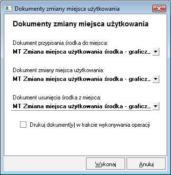 Rys. 125 Panel Miejsca okna opisu środka. Z rozwijanej listy Aktualne miejsce użytkowania należy wybrać nazwę miejsca, do którego powinien zostać dołączony środek trwały i potwierdzić przyciskiem.