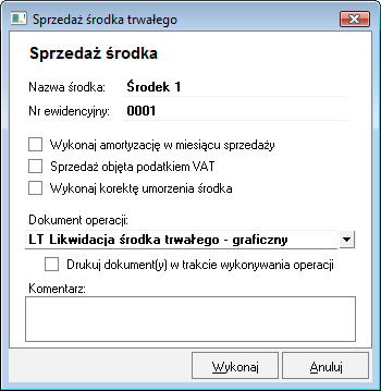 Rys. 130 Dialog Sprzedaż środka trwałego. Nazwa środka i Nr ewidencyjny W tych polach program pokazuje parametry porządkowe sprzedawanego środka trwałego, w celu ułatwienia identyfikacji.