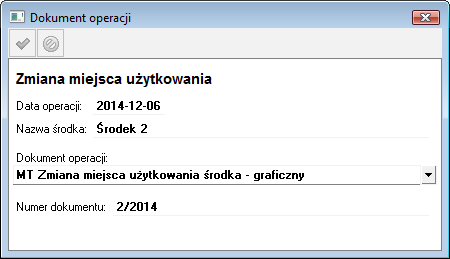 Dla operacji wykonywanych na wielu środkach takich jak np. Zatwierdzenie przyjęcia do użytkowania, dla każdego ze środków tworzony jest oddzielny dokument.