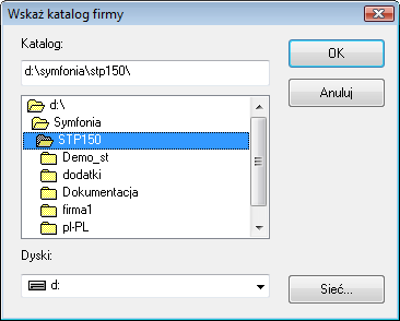 Rys. 3 Dialog Wskaż katalog firmy. Katalog W tym polu należy wpisać pełną nazwę folderu (ścieżkę), w którym znajdują się dane firmy lub wskazać ten folder na liście w oknie poniżej.
