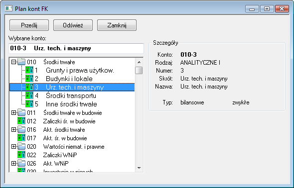 Rys. 50 Dialog Plan kont FK. Lewą część okna wypełnia struktura planu kont, natomiast po prawej stronie w ramce Szczegóły widoczny jest dokładny opis wybranego na drzewku konta.