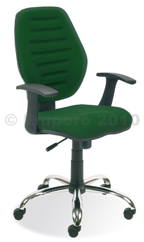 miękko amortyzuje podczas siadania; podstawa pięcioramienna wykonana ze stali chromowanej; kółka z automatycznym hamulcem zapobiegającym odjechaniu krzesła w momencie wstawania, z wysokim oparciem.