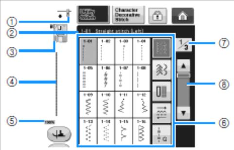 WYŚWIETLACZ LCD Ekran ściegów użytkowych Naciśnij palcem któryś z przycisków, aby wybrać ścieg, funkcję maszyny, lub wskazaną na przycisku operację.
