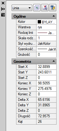 Cechy linii - ProgeCAD Korzystanie z paska narzędzi Przybory - AutoCAD Pasek Przybory umożliwia łatwy dostęp do cech obiektów. Standardowo pasek jest wyświetlany nad obszarem graficznym.