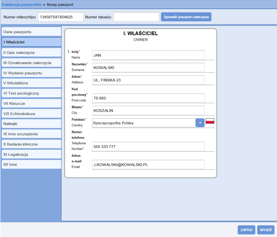 Rysunek 4 Nowy paszport I Właściciel c. II Opis zwierzęcia W kolejnej zakładce Opis zwierzęcia wpisujemy dane dotyczące zwierzęcia.