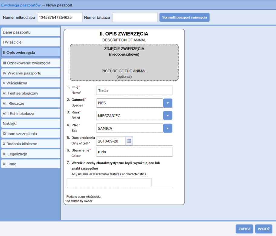 Rysunek 5 Nowy paszport II Opis zwierzęcia d.
