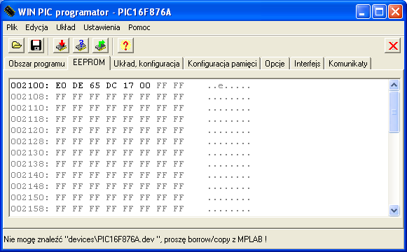 W zakładce Device config/układ konfiguracja ustawiamy typ procesora który będziemy programować i interesujące nas bity konfiguracyjne Po załadowaniu kodu (File/Open, Plik/Otwórz),który chcemy wgrać