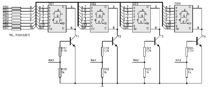 Podłączenie multipleksowane schemat połączeń Zaletą tego sposobu wyświetlania jest znaczące zmniejszenie liczby wyprowadzeń mikrokontrolera, które są konieczne do wysterowania