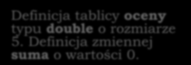 Instrukcja pętli #include <iostream.h> int main() double oceny[5] = 3,4,5,2,3.