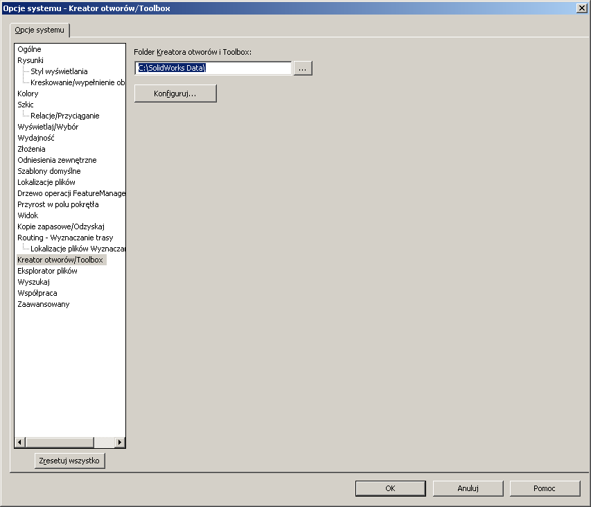 W celu ujednolicenia wszystkich ustawień na wszystkich komputerach najlepiej jest skopiować wszystkie ustawienia Kreatorem kopiowania ustawień (Start Programy SolidWorks XXXX SolidWorks XXXX SPY.