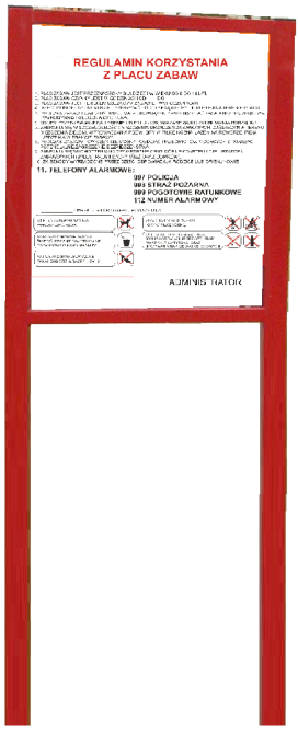 wyrób na stałe związany z gruntem, zgodnie z dokumentacją urządzenia, REGULAMIN PLACU ZABAW DANE TECHNICZNE - Wymiary urządzenia szer. 65 cm x wys.