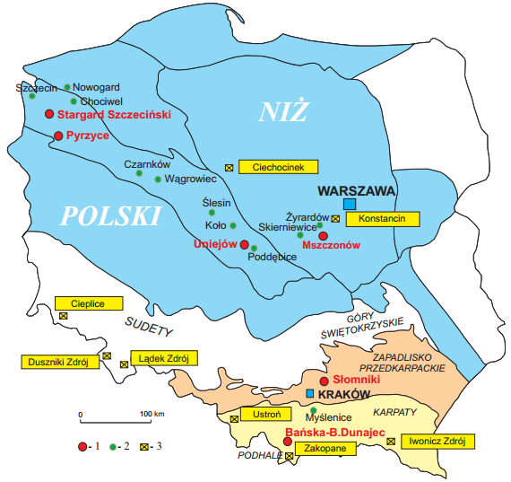 Legenda: 1 - funkcjonujące instalacje geotermalne 2 - planowane instalacje geotermalne 3 - uzdrowiska wykorzystujące wody geotermalne Rysunek VI.