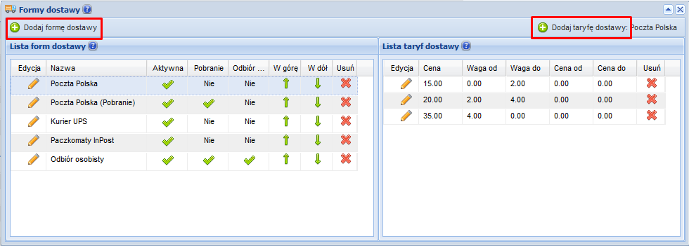 Gdzie ustawić preferowane sposoby dostawy w sklepie? Panel administracyjny > Zamówienia > Formy dostawy Wybór sposobów dostawy towaru do klienta i ustawienia taryf spedytorów np.