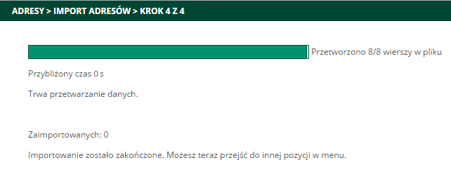 KROK 4 Na tym ostatnim etapie użytkownik otrzymuje informacje o ilości przetworzonych adresów e- mail i o ilości maili, w których zmieniono status lub inne dane. 2.